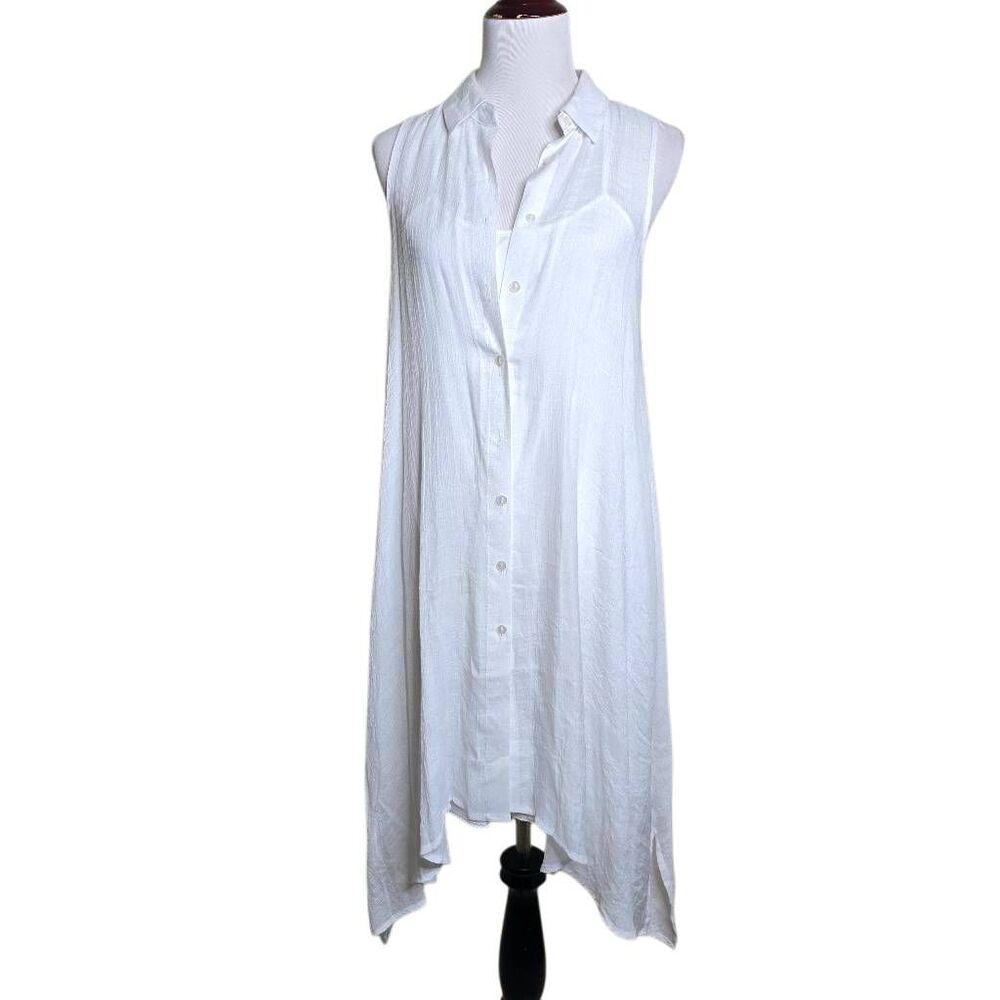 Mlle Gabrielle White Sheer Button Front Tunic Dress Swim Cover Up Tank Shell M